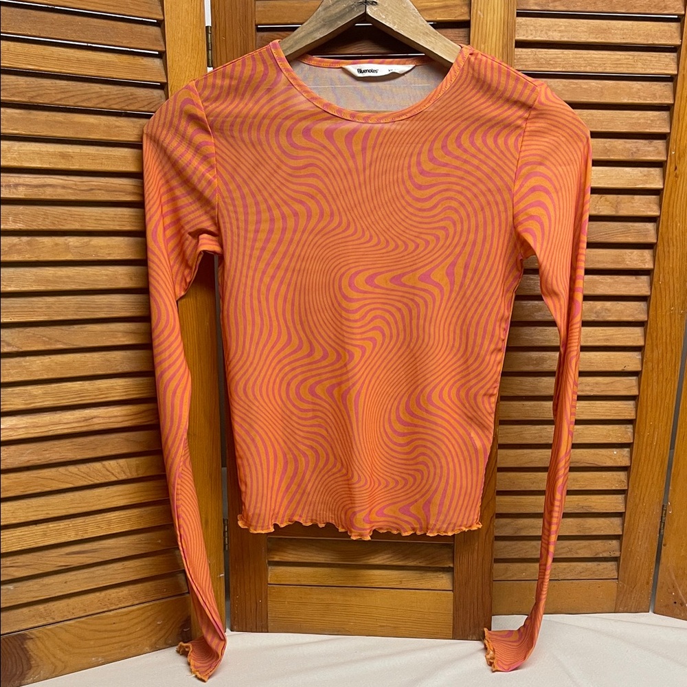 Bluenotes Orange and Pink Sheer Swirl Long Sleeve Top